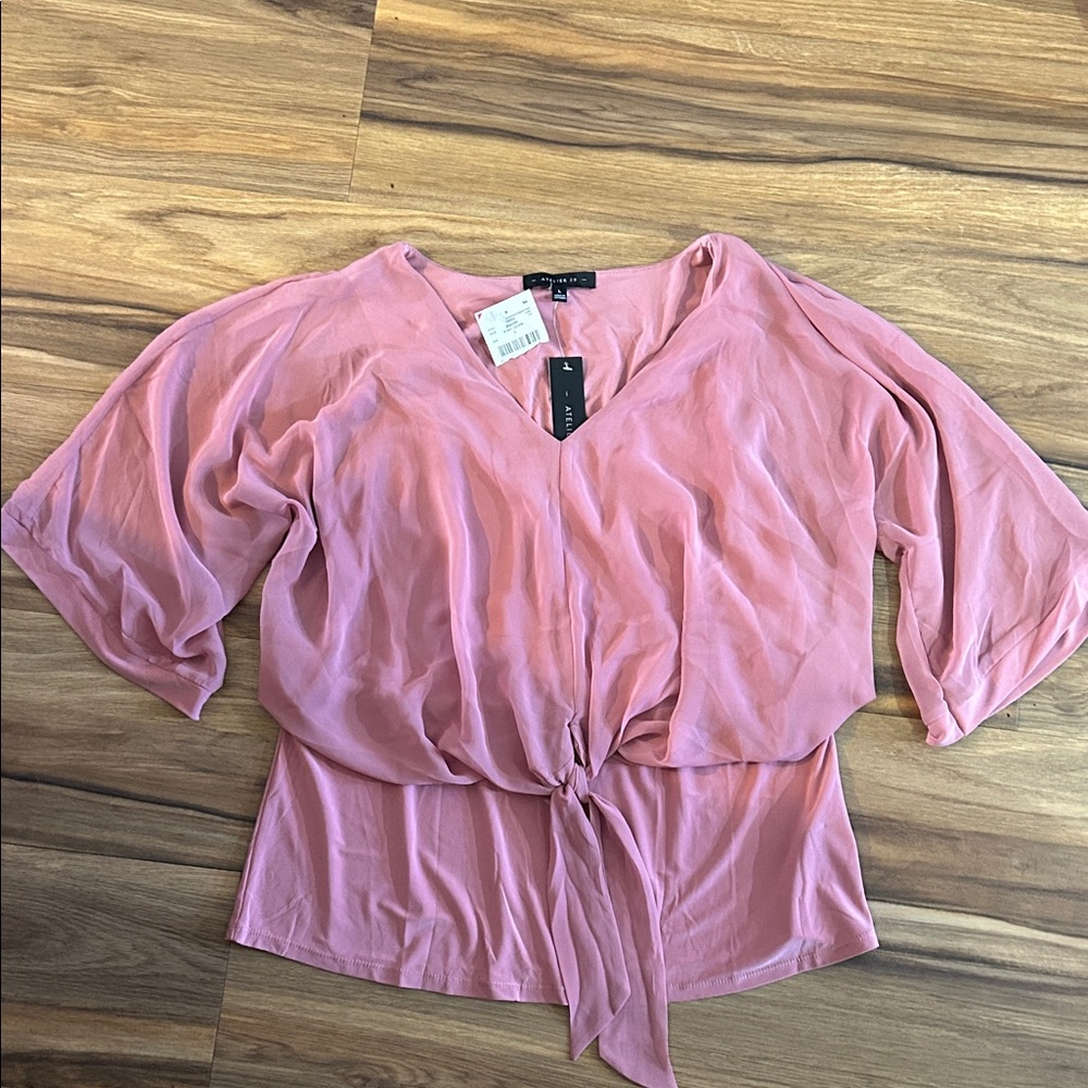 Chic Pink V-Neck Blouse with Tie-Front